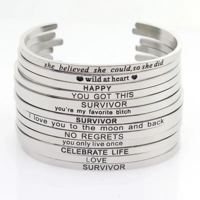 

Drop Shipping Stainless Steel Bangle Engraved Positive Inspirational Quote Hand Stamped Cuff Mantra Bracelets For Men Women