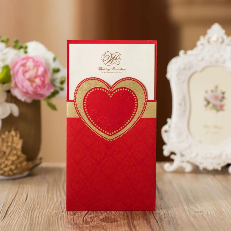 

(50 pieces/lot) Double Hearts Red Wedding Card Flower Embossed Customized Print Silver Marriage Party Invitations CX061R