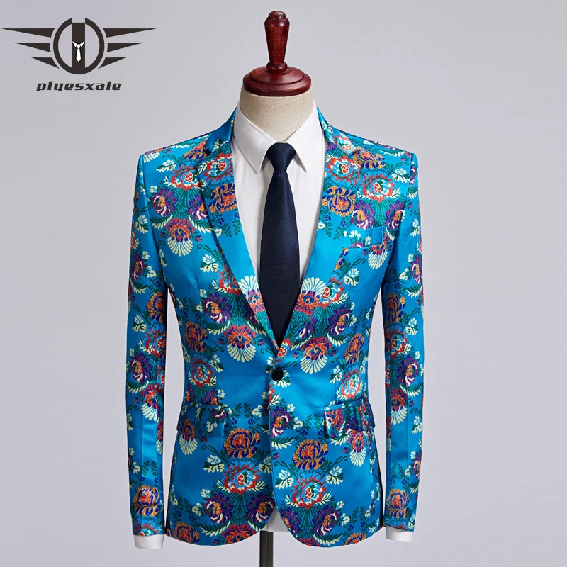 Plyesxale Brand Sky Blue Blazer Men Slim Fit Mens Floral Printed Blazer 5XL Man Casual Suit Jacket Prom Stage Costume Homme Q466