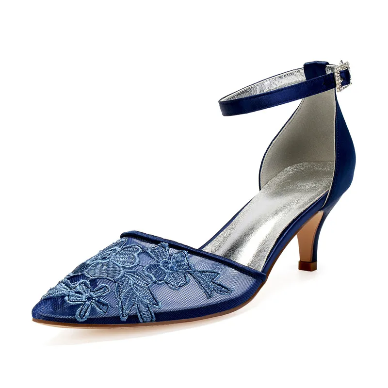 

Kitten Heels Wedding Shoes Women Pointed Toe Ankle Buckle Strap Low Heels Appliques Bridal Party Ladies Dress Pumps