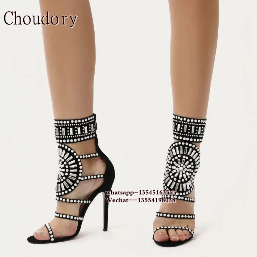 Женские ботильоны на высоком каблуке с вырезами и кристаллами|rhinestone gladiator