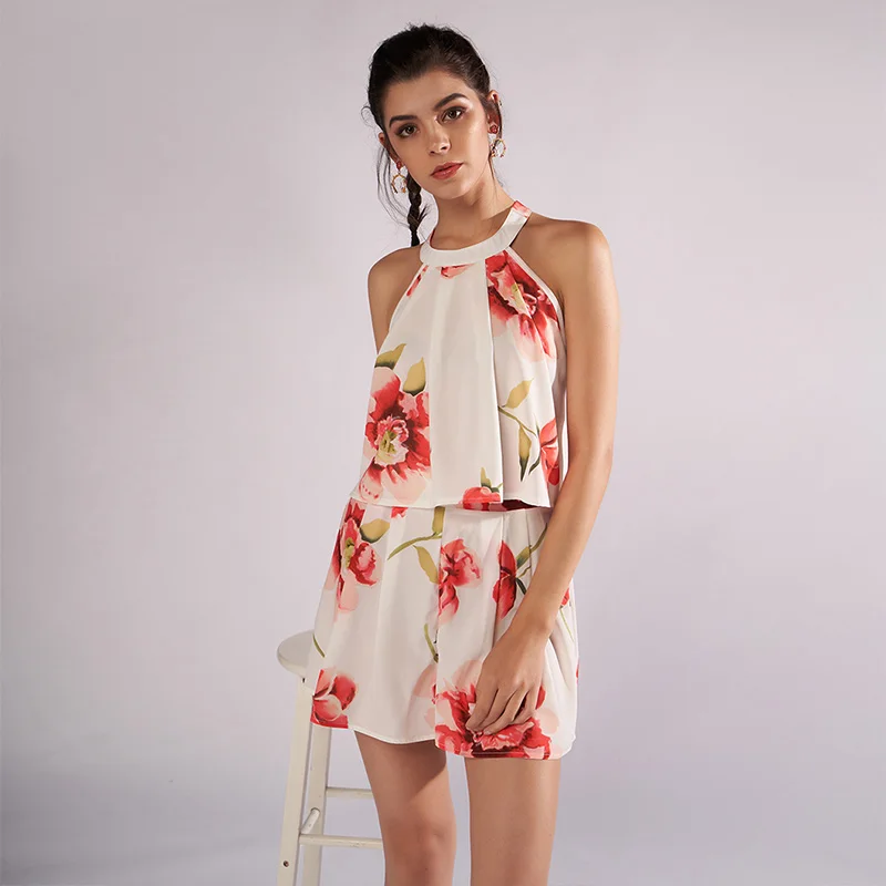 Женский костюм с цветочным принтом короткий топ без рукавов открытыми плечами и