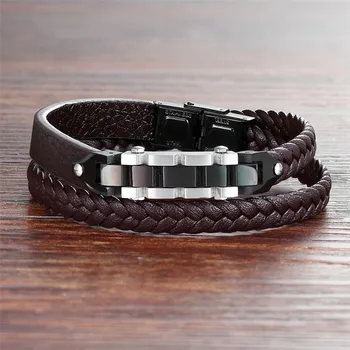 Toggle-clasps Combination Stainless Steel Genuine Leather Bracelet 6