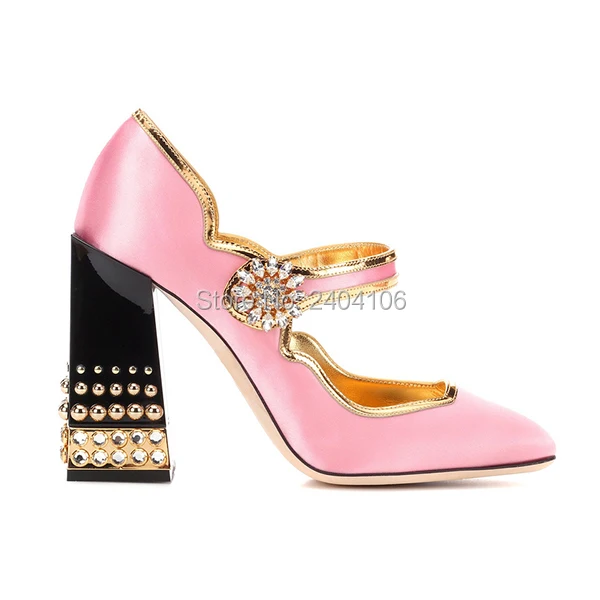 

Shooegle Designer Shoes Women Luxury 2018 Rhinestone Pink Wedding Pumps Round Toe Mary Janes Glitter Crystal Block High Heels