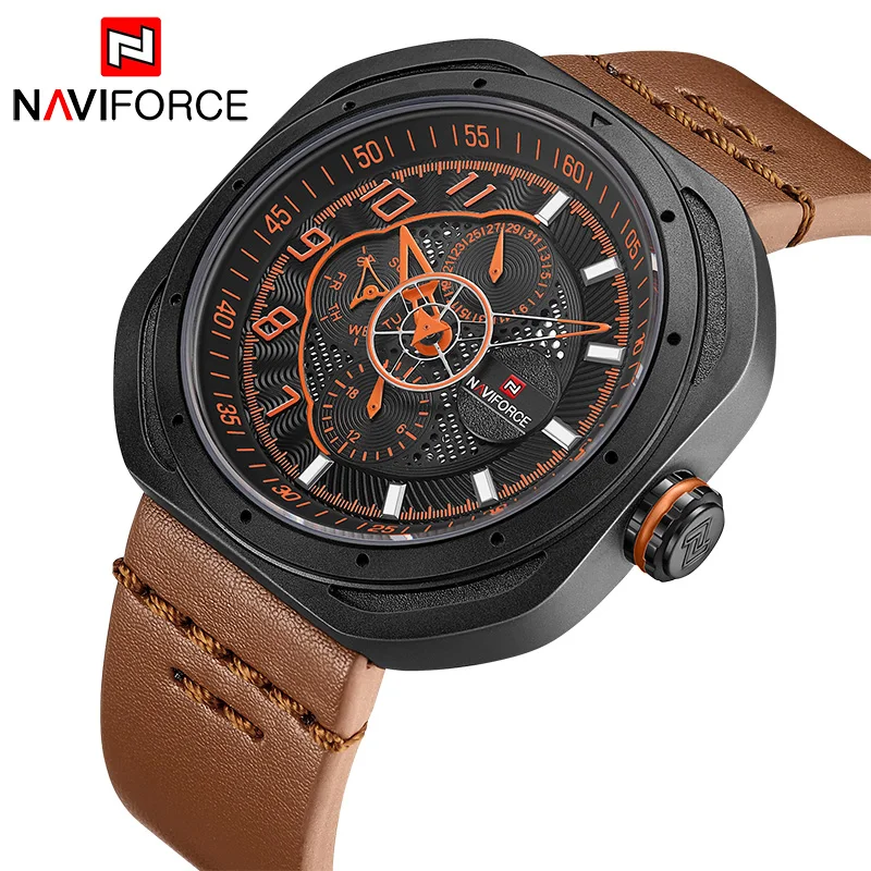 NAVIFORCE оранжевые Модные мужские кварцевые часы из натуральной кожи 24 с датой