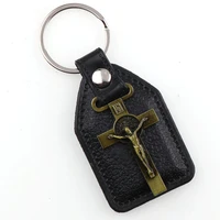 pu leather keychains saint benedict crucifix for men black tag antique bronze plated hook key holder car key holder