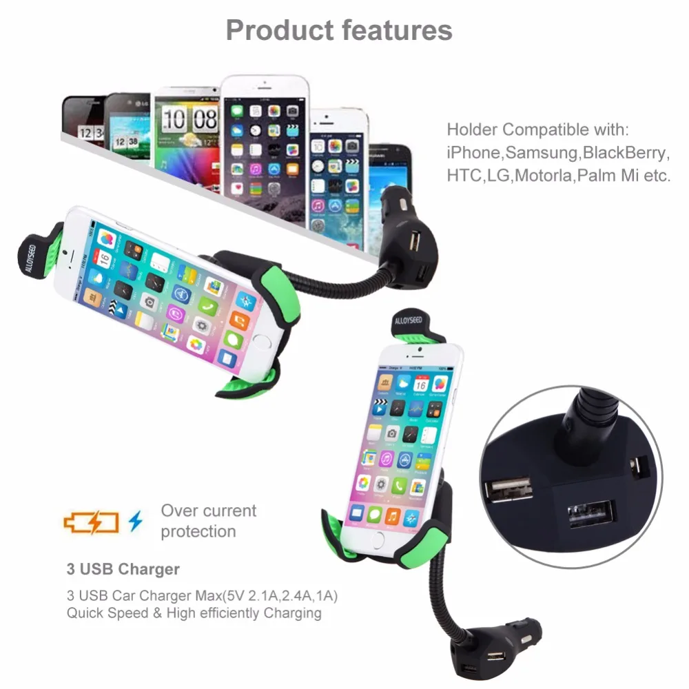Автомобильная Подставка для телефона с 3 usb-портами, быстрое автомобильное зарядное устройство, прикуриватель, гибкое крепление для мобильного телефона 3,5-6,3"