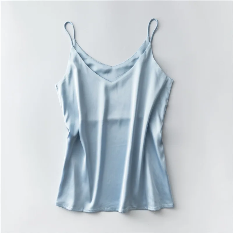 EC001Light blue Женская майка Топ Женская Холтер v-образный вырез Базовая белая майка без рукавов Женская летняя Кофта Большой размер, сатиновый шелковые майки - Color: EC001Light blue