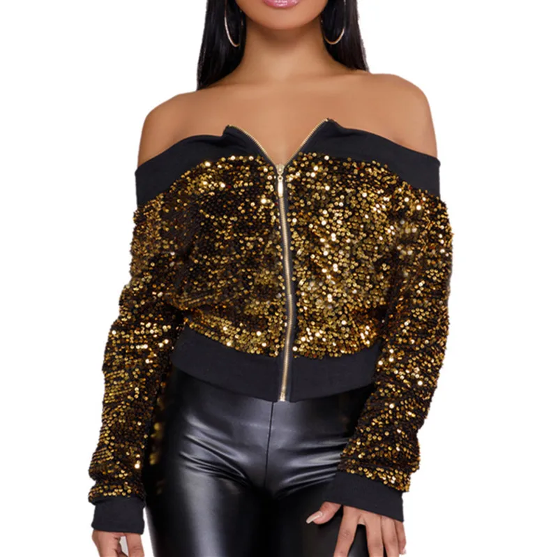 

New autumn Women ladies long sleeve fashion sequins patchwork coats off shoulder slash neck zipper slim outwear coats tops
