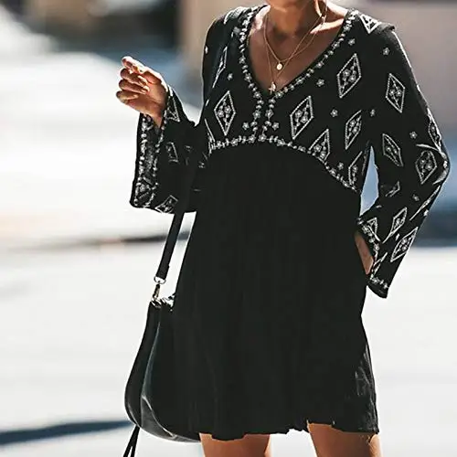 Women V-Neck Loose Long Sleeve Printed Short Dress Backless Button Pocket Pure Color Pleated Mini Black | Женская одежда