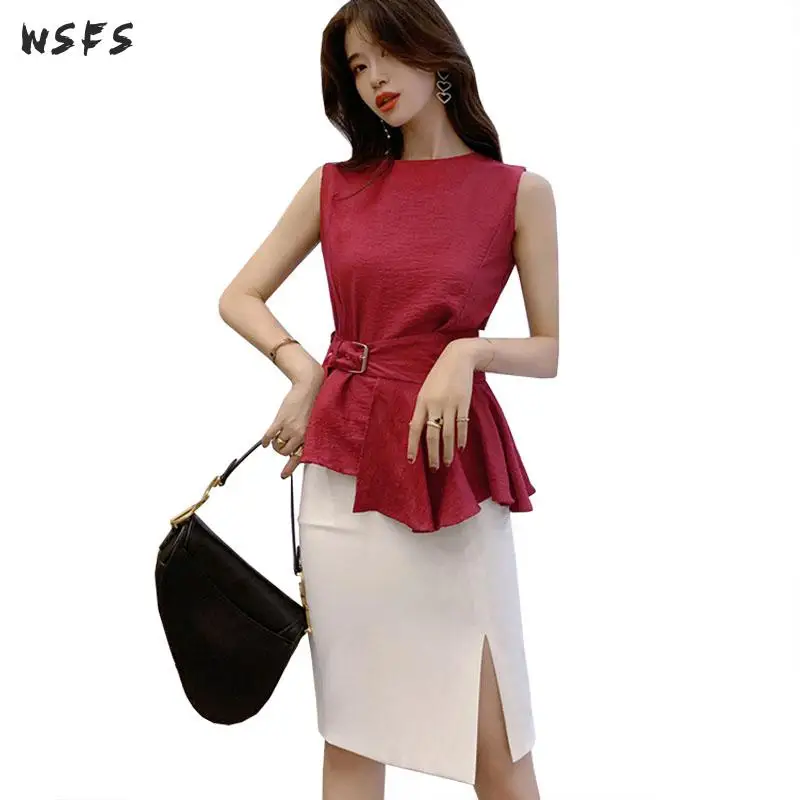 Женский комплект из 2 предметов красные асимметричные блузки без рукавов летнее