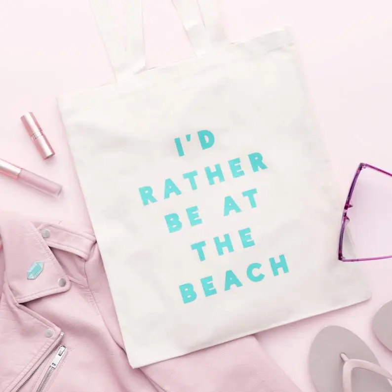 

I'd Rather Be At The Beach Tote Bag Unisex Vacation Alphabet Casual Bag Shoulder Beach Summer Cotton Tote Large Bags
