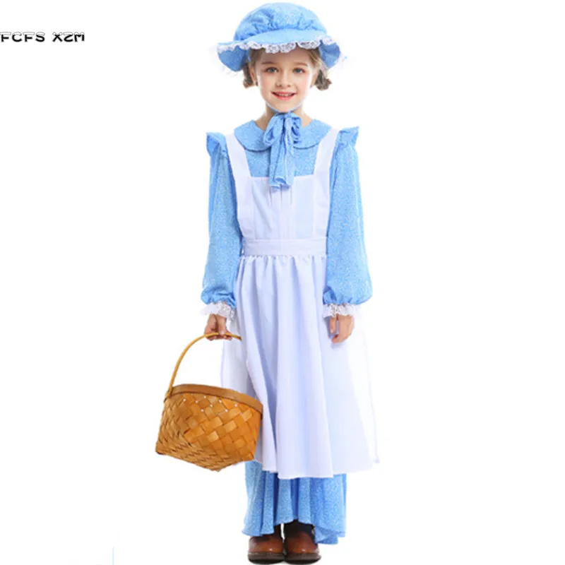 XS-XL Blue Medieval Girls Halloween Peasant Farmer woman Costumes kids Maid Cosplays Carnival Purim party Stage play dress | Тематическая