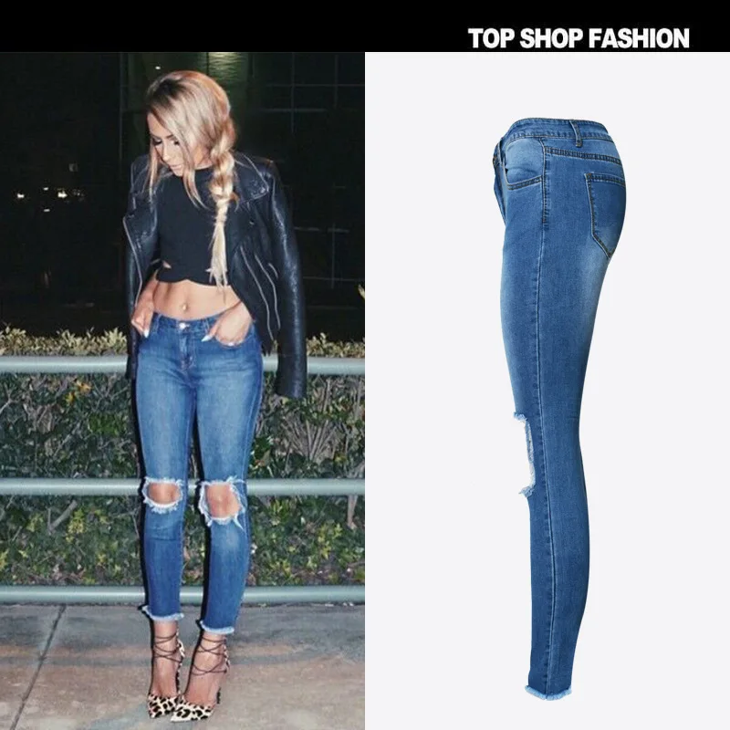 Высокая Талия Для женщин Джинсы для рваные Distressed Denim стрейч карандаш Брюки