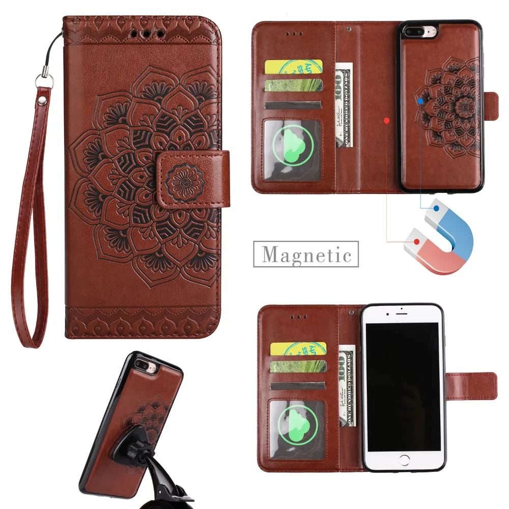 100PCS 2017 Detachable Photoframe Embossed Mandala Flower PU Leather Wallet Case Capa for Huawei P10 Lite P8 | Мобильные телефоны и