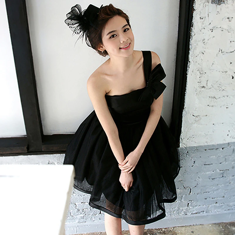 

AXJFU Black short style single shoulder white evening Dresses one shoulder black bow evening Dresses little black dress 1120 S