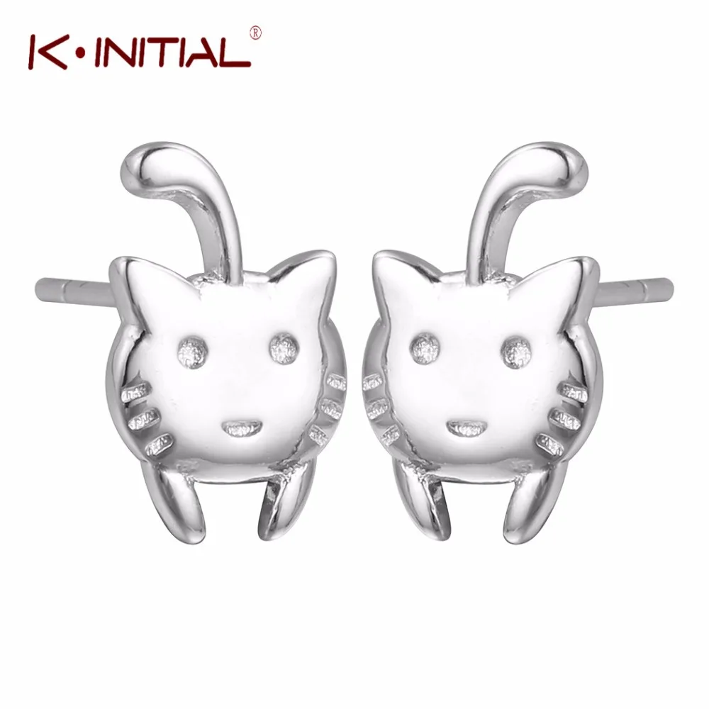Kinitial Cute Cat Tail Gatos Studs Earrings 925 Sterling Silver Lovely Kitty Stud Earring Jewelry Women Child Best Gift | Украшения и