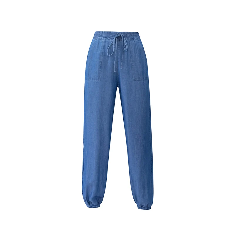 Синие джинсовые шаровары женские 2019 новые летние с высокой талией на шнуровке до