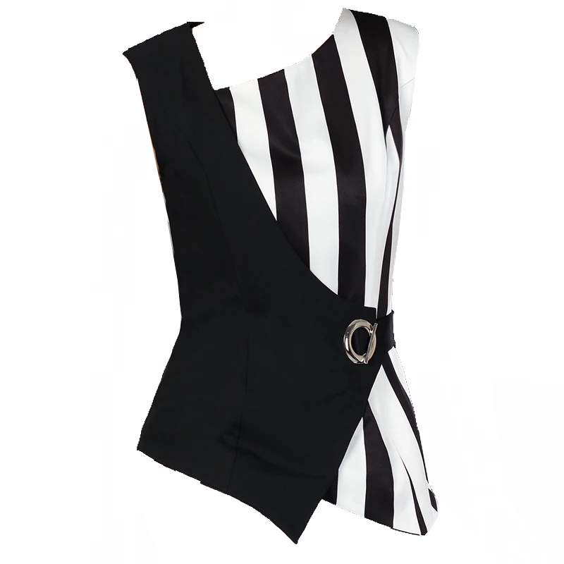 [XITAO] New Summer Europe Women Striped Patchwork Contrast Color Sleeveless Tops Female Irregular Collar Blouses KZH2019