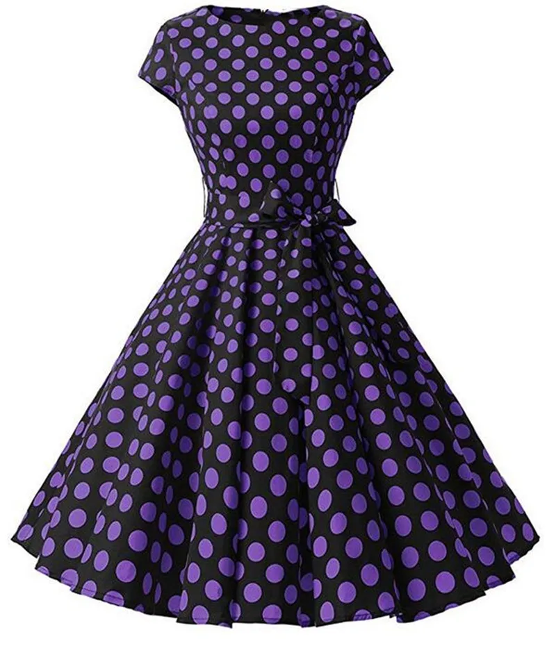 Черный и фиолетовый горох o образным вырезом женское платье Винтаж 1950 S с рукавом