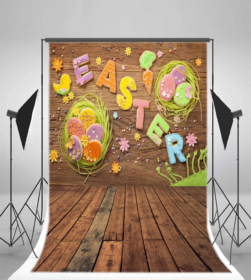 Laeacco Easter Egg Flowers Wall Wooden Floor Photo Backgrounds Customized Vinyl Digital Photographic Backdrops For Studio | Электроника