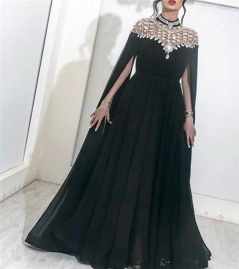 

Sparkly Black Crystals Arabic Evening Dresses 2019 Yousef Aljasmi High Neck Caped Long Chiffon Cheap African Dubai Celebrity