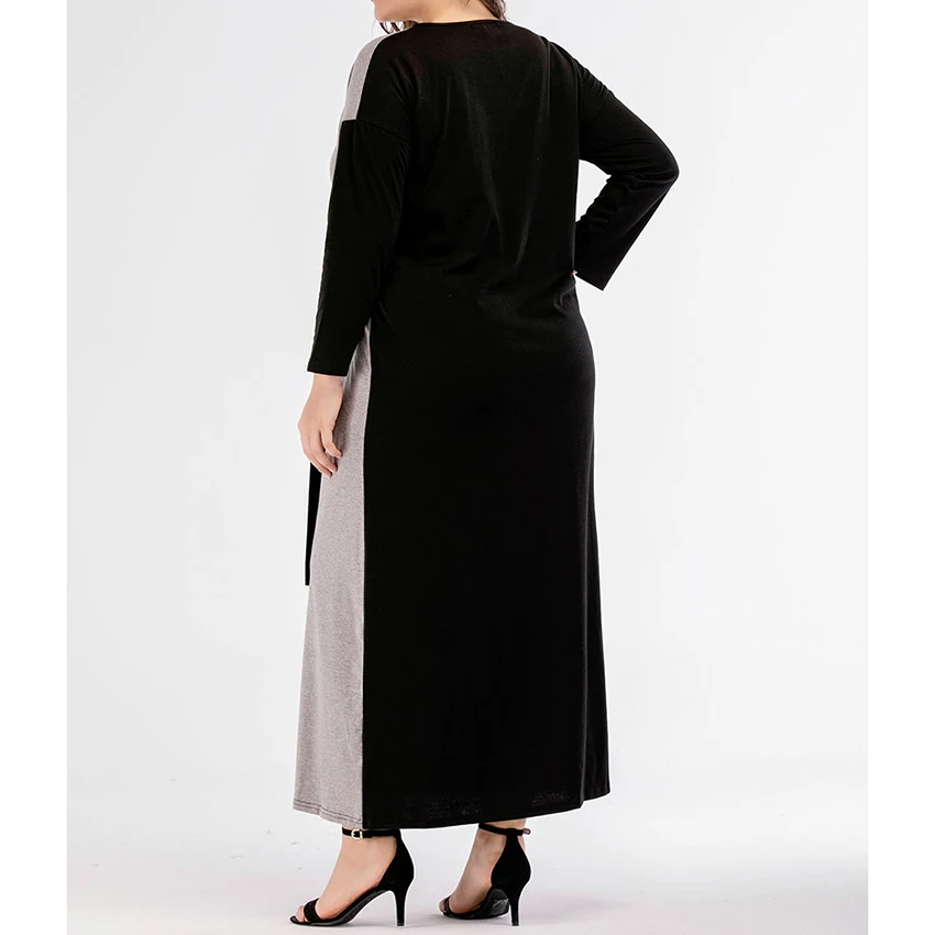 

Women Plus Size Dress Long Sleeve Splicing Color Casual Loose Long Dress Ladies Big Size Arab Robe Vintage Vestido Clothes Lady