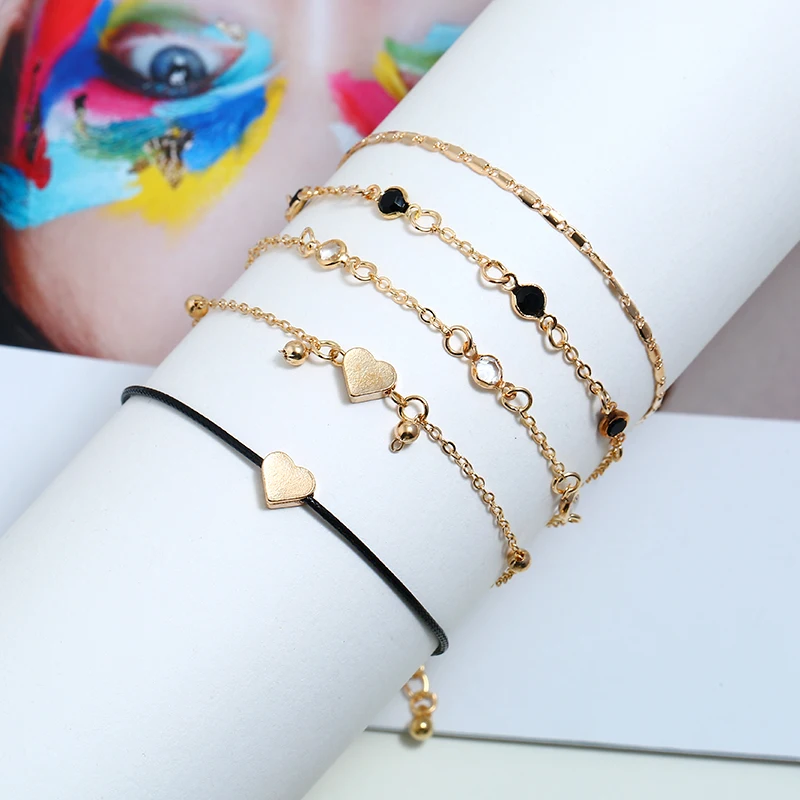 5PCS Set Ankle Bracelet Chains Gold Heart Love Charms Bohemian Boho Leg Bracelets For Women Anklet Foot Accessories Vintage 2019 | Украшения