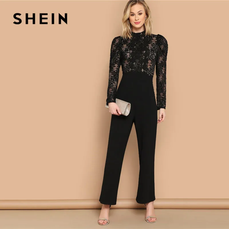 SHEIN Кружевной Комбинезон С Узлом Без Бюстгальтера Женский Черный Элегантный Комбинезон С Длинными Рукавами