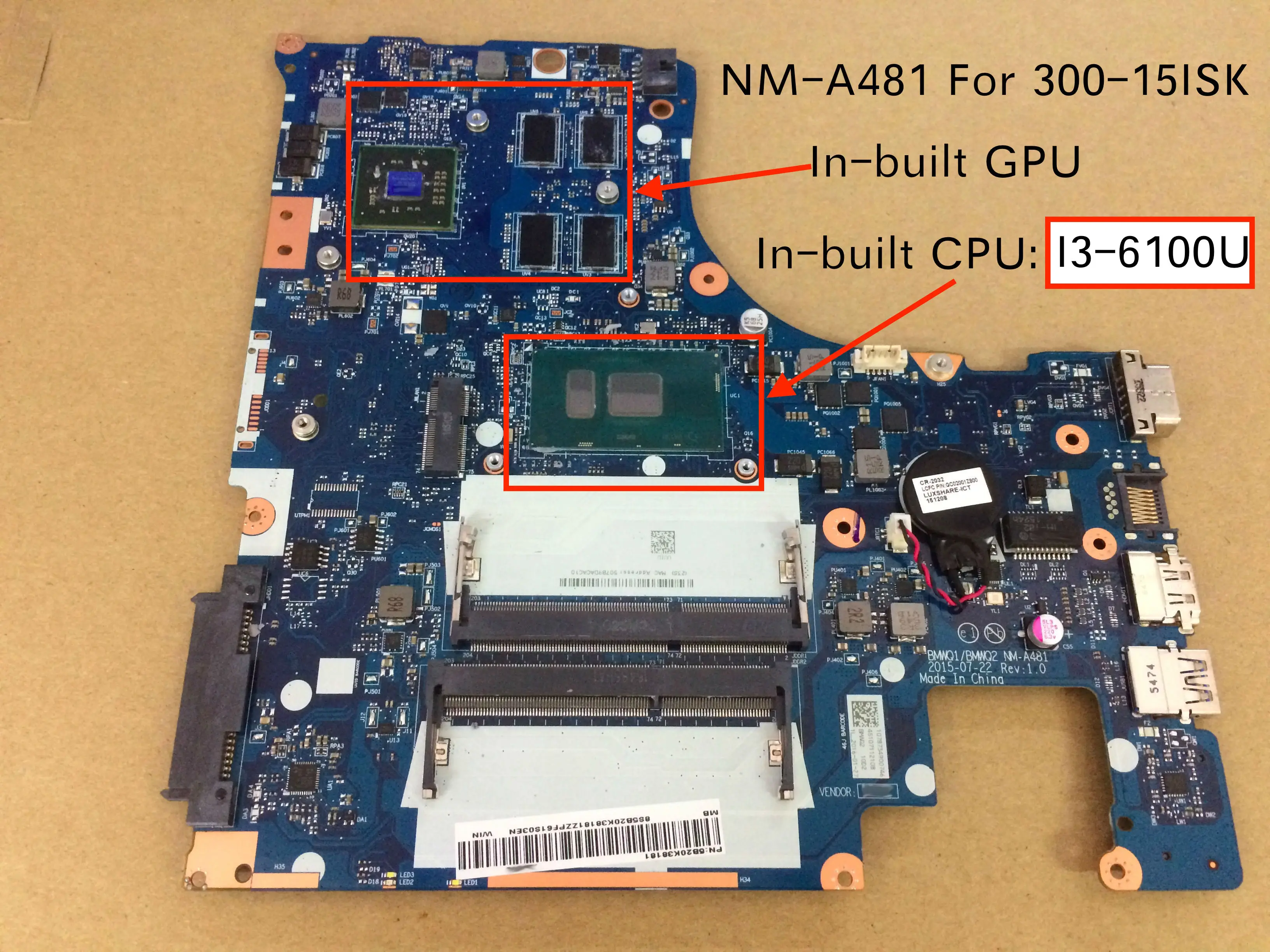 

For Lenovo IdeaPad 300-15ISK Laptop motherboard 5B20K38221 BMWQ1 BMWQ2 NM-A481 mainboard I3 6100U cpu