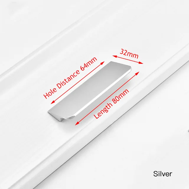 Silver 64mm Черные Серебряные Золотые скрытые ручки шкафа алюминиевый сплав кухонный шкаф ручки для выдвижных ящиков дверное оборудование для обработки мебели - Цвет: Silver 64mm
