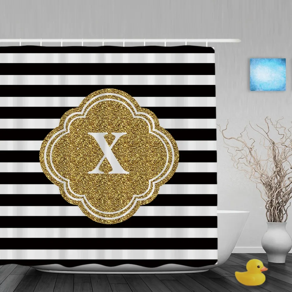 Индивидуальные модные черно белые полосы занавески для душа золотые на заказ