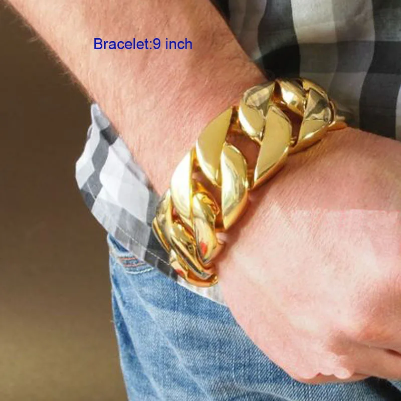 Gold 9 inch 30 мм нержавеющая сталь для мужчин s негабаритных Тяжелая Снаряженная кубинская цепь браслеты Рэппер преувеличенные хип хоп мужчин браслет ювелирные изделия - Окраска металла: Gold 9 inch