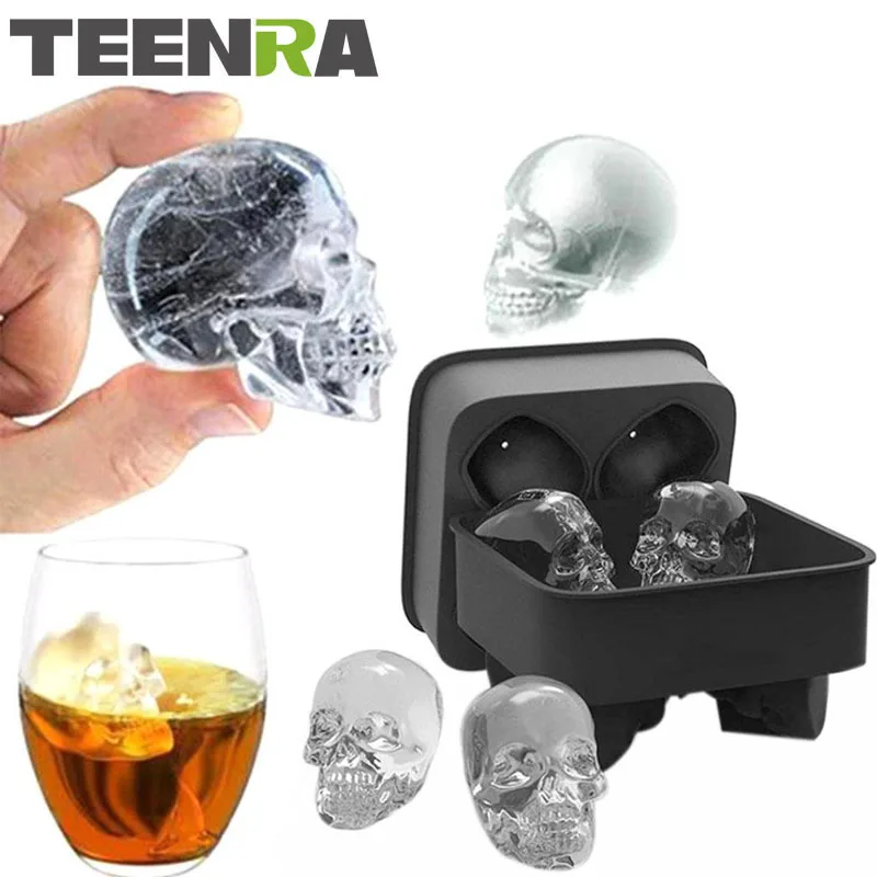TEENRA 1 шт. 4 отверстия 3D Череп силиконовый ледяной куб поднос Hallowen виски со льдом форма для шариков форма черепа ледяной кухонный инвентарь коврик