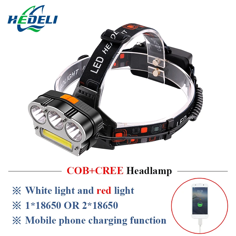 Внешний аккумулятор налобный фонарь usb led Налобный фонарик led cabeza COB налобный фонарь xml T6 налобный фонарь 18650 для кемпинга и охоты
