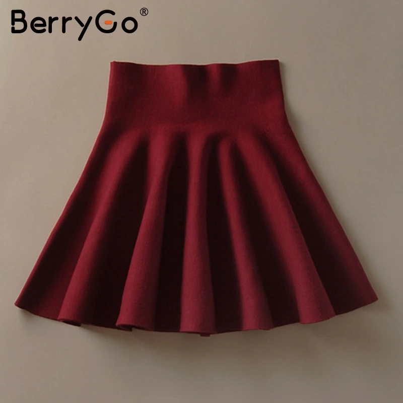 BerryGo, драпированные, плиссированные, вязаные, мини юбки для женщин, зимняя, элегантная, короткая юбка, высокая талия, юбки для женщин