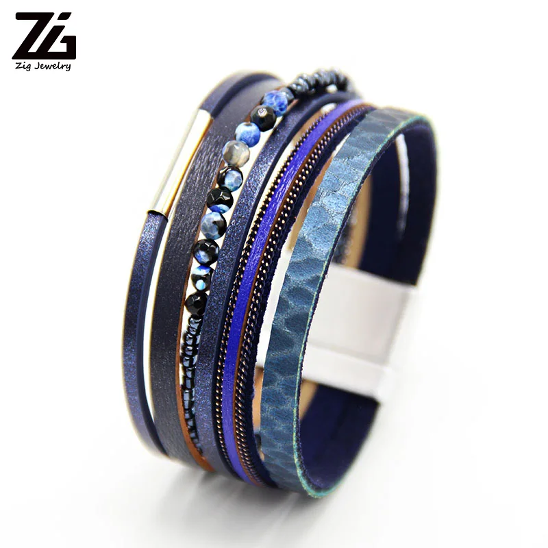 ZG натуральный камень женский кожаный браслет Pulseira многослойный браслет с магнитной пряжкой Женская мода - Окраска металла: blue