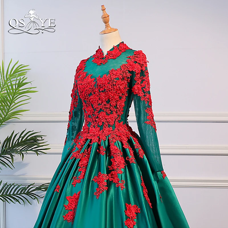 QSYYE 2019 Ball Gown Prom Dresses Red Lace with Beads Long Sleeves Green Satin Floor Length Formal Evening Dress Party Gowns | Свадьбы и