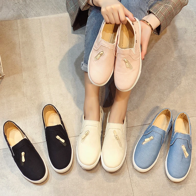 Большие размеры 35-43 женские кроссовки парусиновая обувь на молнии лоферы