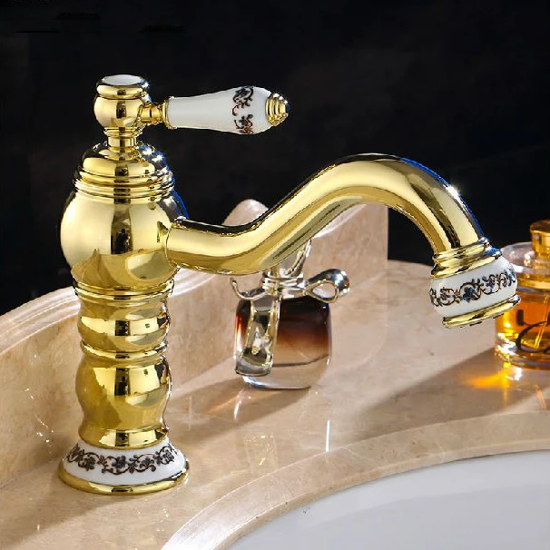 

Bathroom Faucets Deck Mounted Mixers Gold finish Brass Basin Sink Faucet Single Handle Single Hole Bath Mixer Cranes M-19