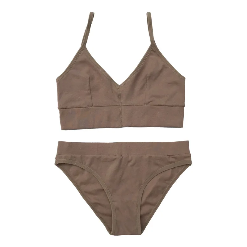 Коричневый French Bralette Ultra-thin Triangle Cup Bra Set Sexy Back Cotton Underwear Fashion Women Bras Panties Set Elasticity Lingerie - Цвет: Коричневый