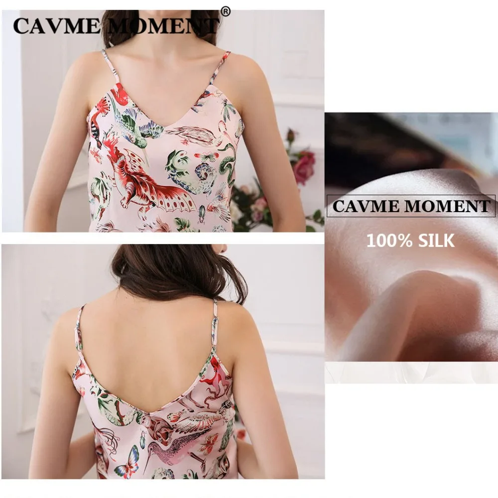 CAVME Pure Silk Pajama Sets for Women Ladies Spaghetti Strap Shorts 2 Pieces Pyama Set Femme Luxury Sleepwear Printed Homewear