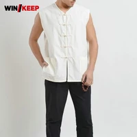 new summer vest blouses white color single breasted sleeveless male martial arts shirts for men pocket embellished pure tees