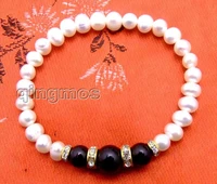 qingmos 6 7mm round natural white pearl bracelet for women with rose round natural black agate bracelet 7 5 jewelry bra285