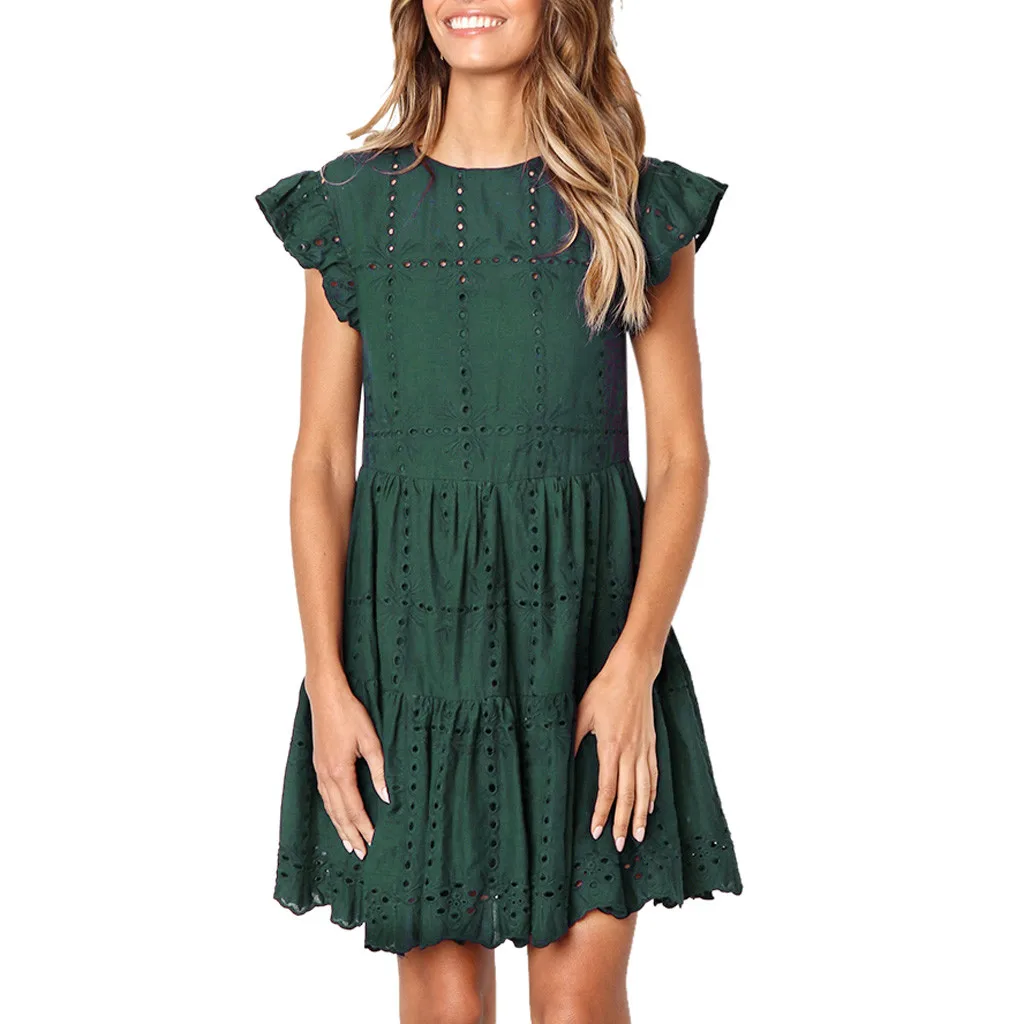 

Fashion Women Dresses Casual Ruffles Sleeve Ladies O-Neck Hollow Out Ruched A-Line Womens Dress #30