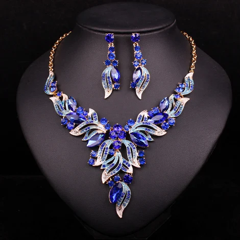 blue in gold 2 pcs Новые роскошные индийские свадебные комплекты ювелирных изделий, ювелирные изделия для свадебной вечеринки, женские модные подарки, листья, Кристальное ожерелье, серьги, наборы - Окраска металла: blue in gold 2 pcs