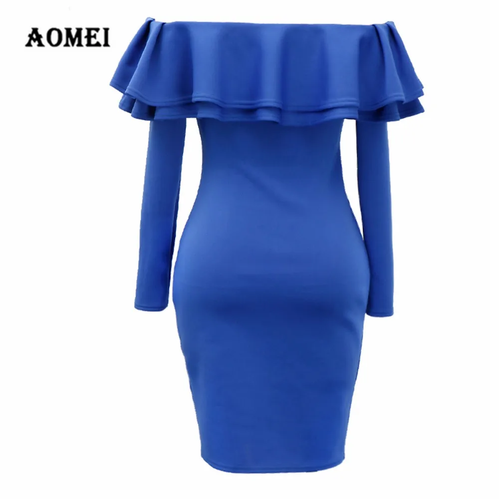 Женское облегающее платье с оборками и открытыми плечами синие трендовые платья