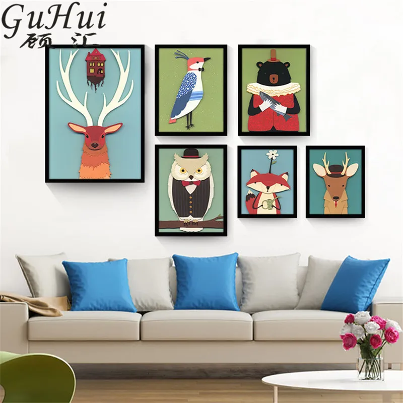 

American Retro Style Cute Little Animals Cartoon Deer Bear Owl Poster Decoration Painting Kids Nursery Room Home Decor
