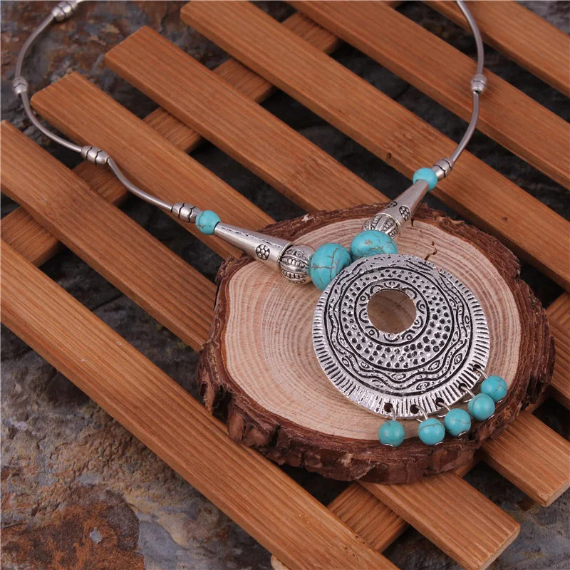 Statement Tibetan Silver Color Chain Big Stone Necklaces Bohemian Gypsy Carved Round Beads Tassels Pendants Women | Украшения и