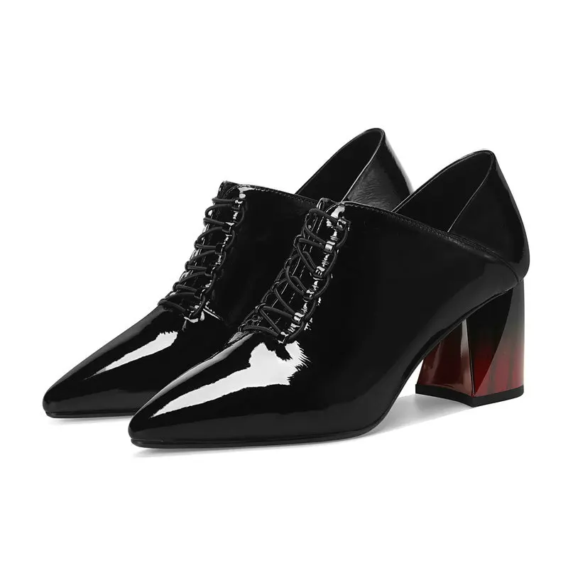 

Women Pumps Spring Autumn Cow Leather Square Heel Genuine Leather Lace Up Pointed Toe High Heels Lady Shoes Party Size 34-42